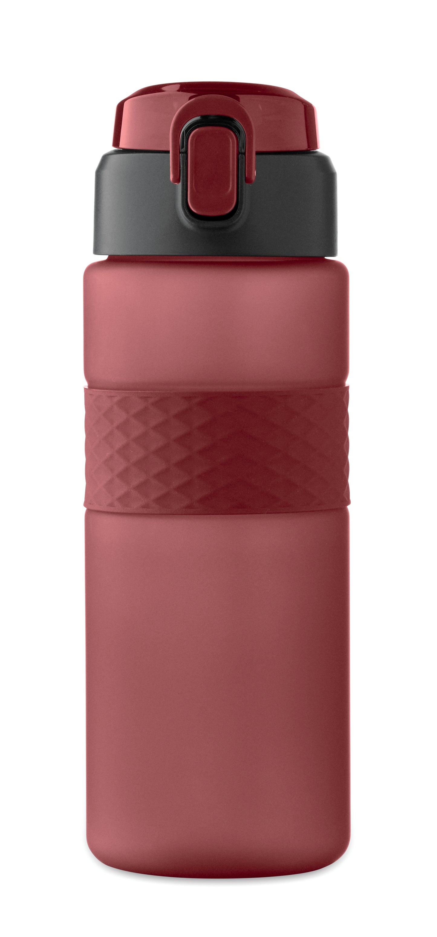 Trinkflasche aus RPET. Flip-Top-Deckel aus PP Sicherheitsverschluss und Henkel aus Silikon. Mit