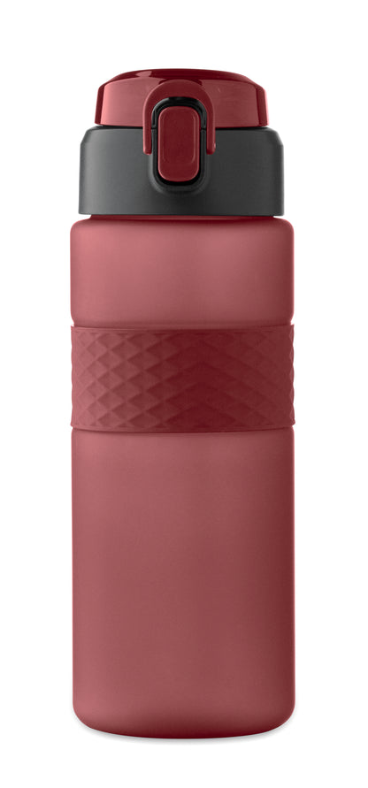 Trinkflasche aus RPET. Flip-Top-Deckel aus PP Sicherheitsverschluss und Henkel aus Silikon. Mit