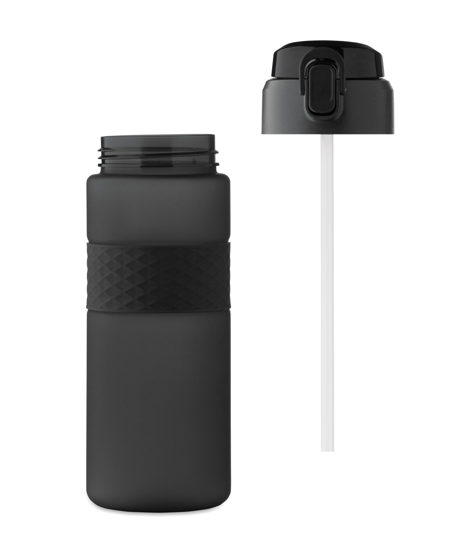 Trinkflasche aus RPET. Flip-Top-Deckel aus PP Sicherheitsverschluss und Henkel aus Silikon. Mit