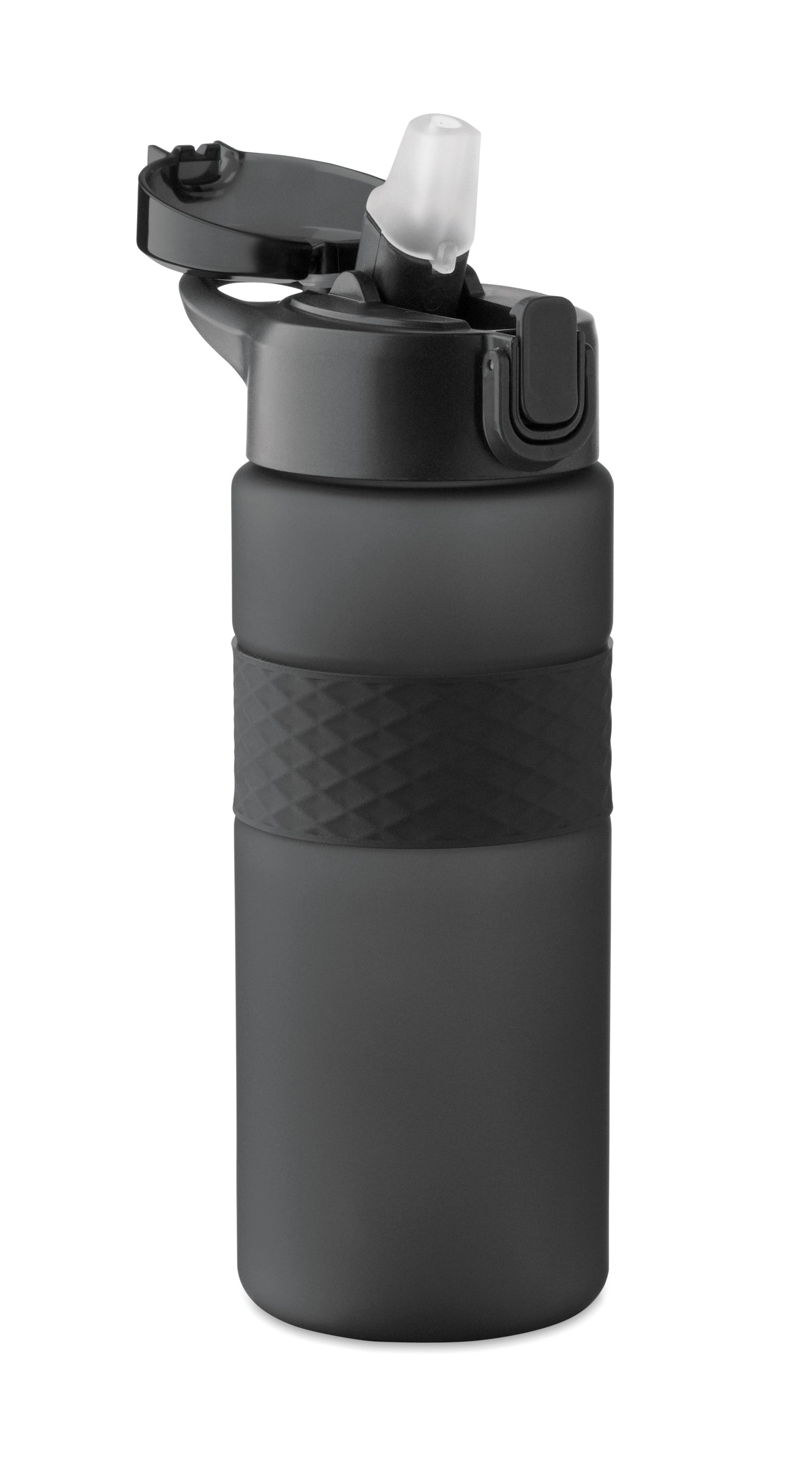 Trinkflasche aus RPET. Flip-Top-Deckel aus PP Sicherheitsverschluss und Henkel aus Silikon. Mit