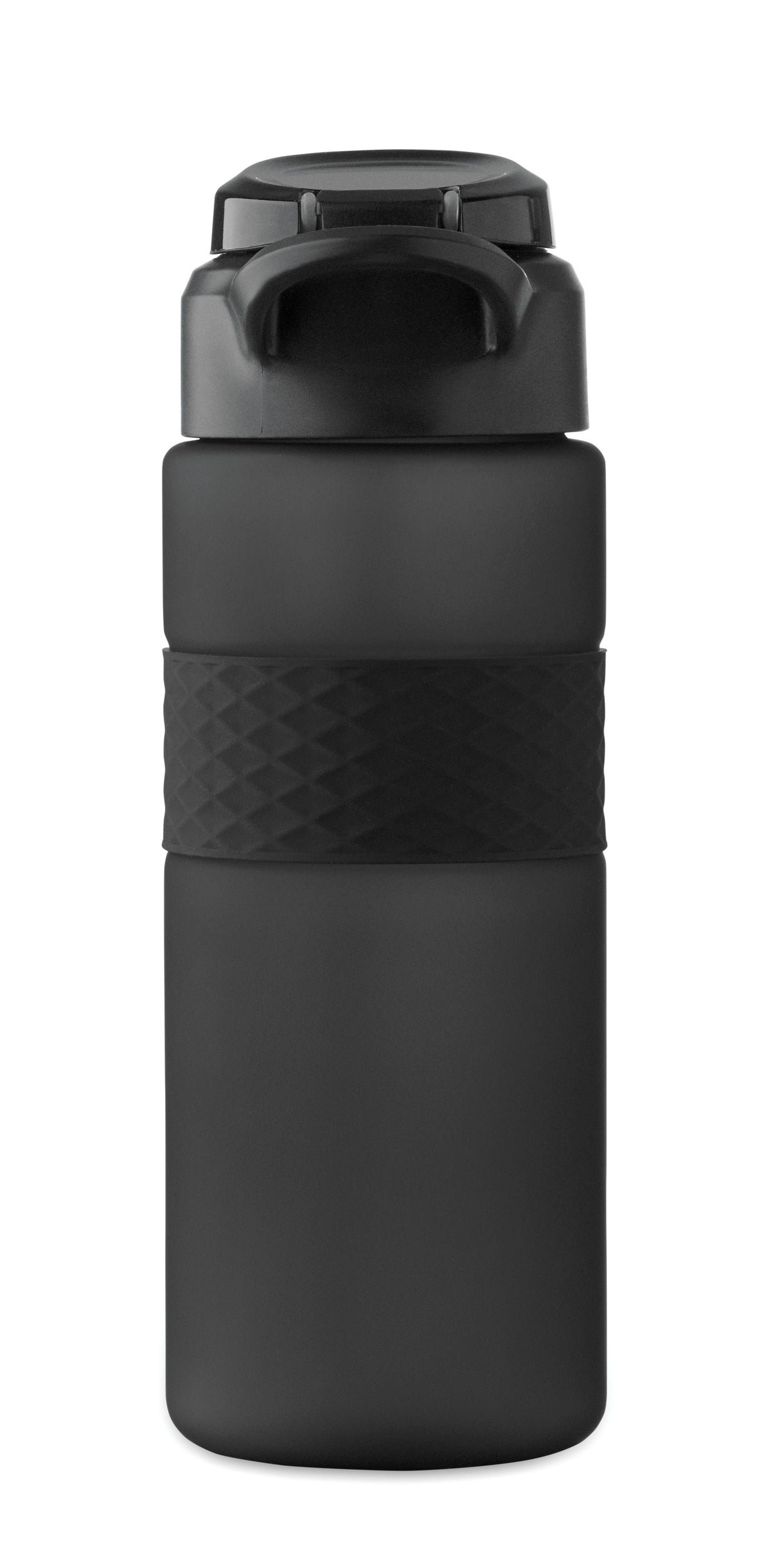Trinkflasche aus RPET. Flip-Top-Deckel aus PP Sicherheitsverschluss und Henkel aus Silikon. Mit