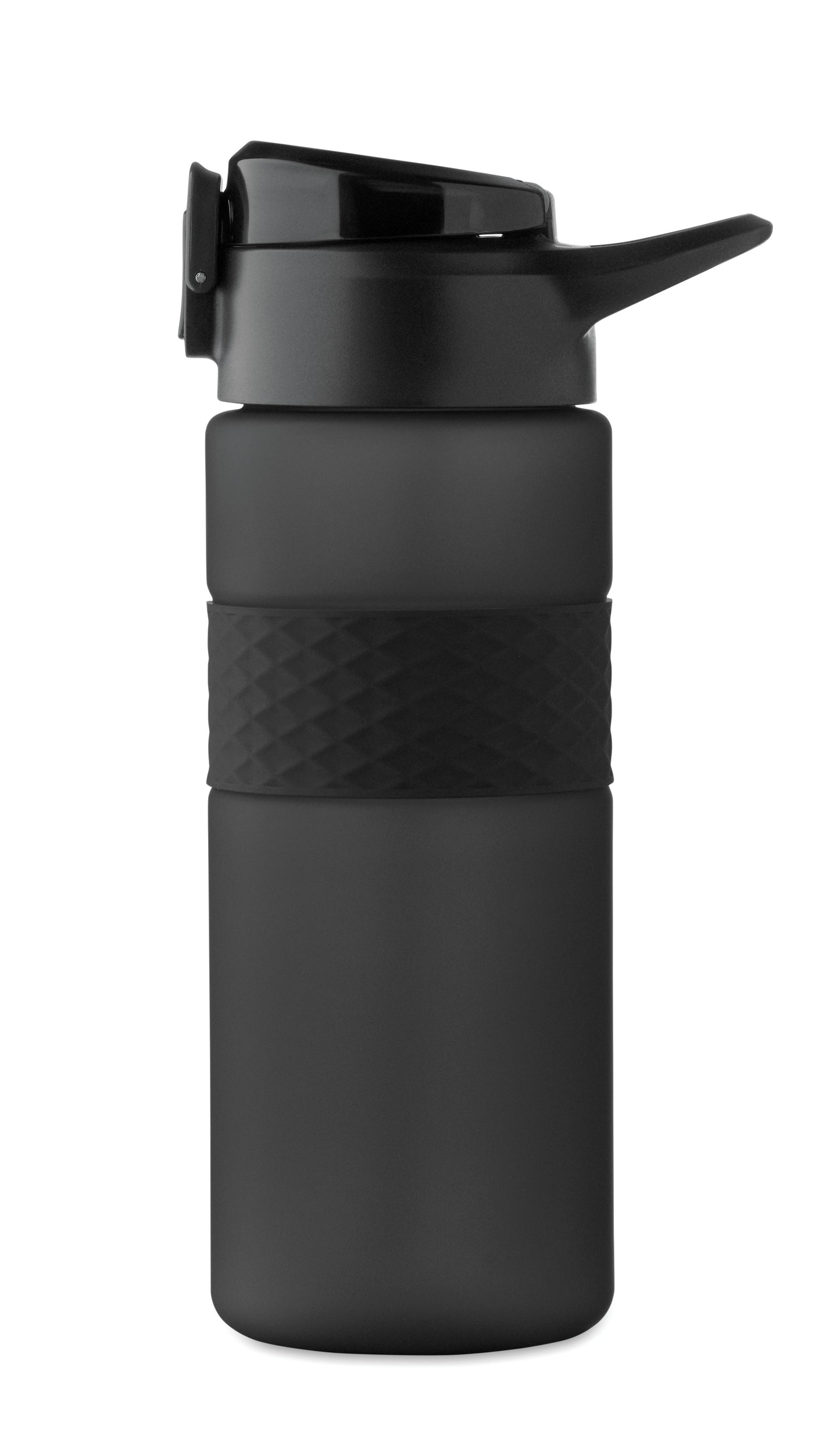 Trinkflasche aus RPET. Flip-Top-Deckel aus PP Sicherheitsverschluss und Henkel aus Silikon. Mit