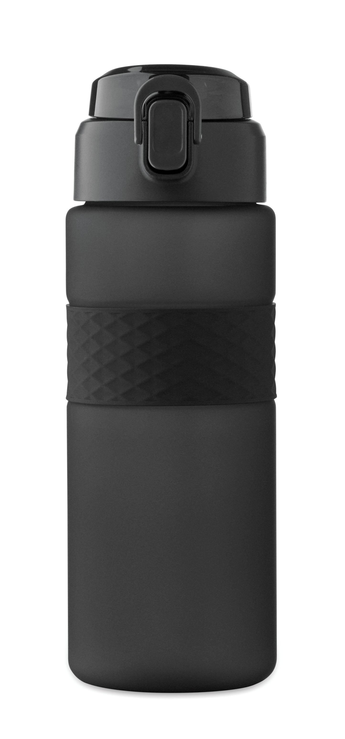 Trinkflasche aus RPET. Flip-Top-Deckel aus PP Sicherheitsverschluss und Henkel aus Silikon. Mit