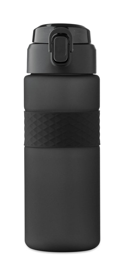 Trinkflasche aus RPET. Flip-Top-Deckel aus PP Sicherheitsverschluss und Henkel aus Silikon. Mit
