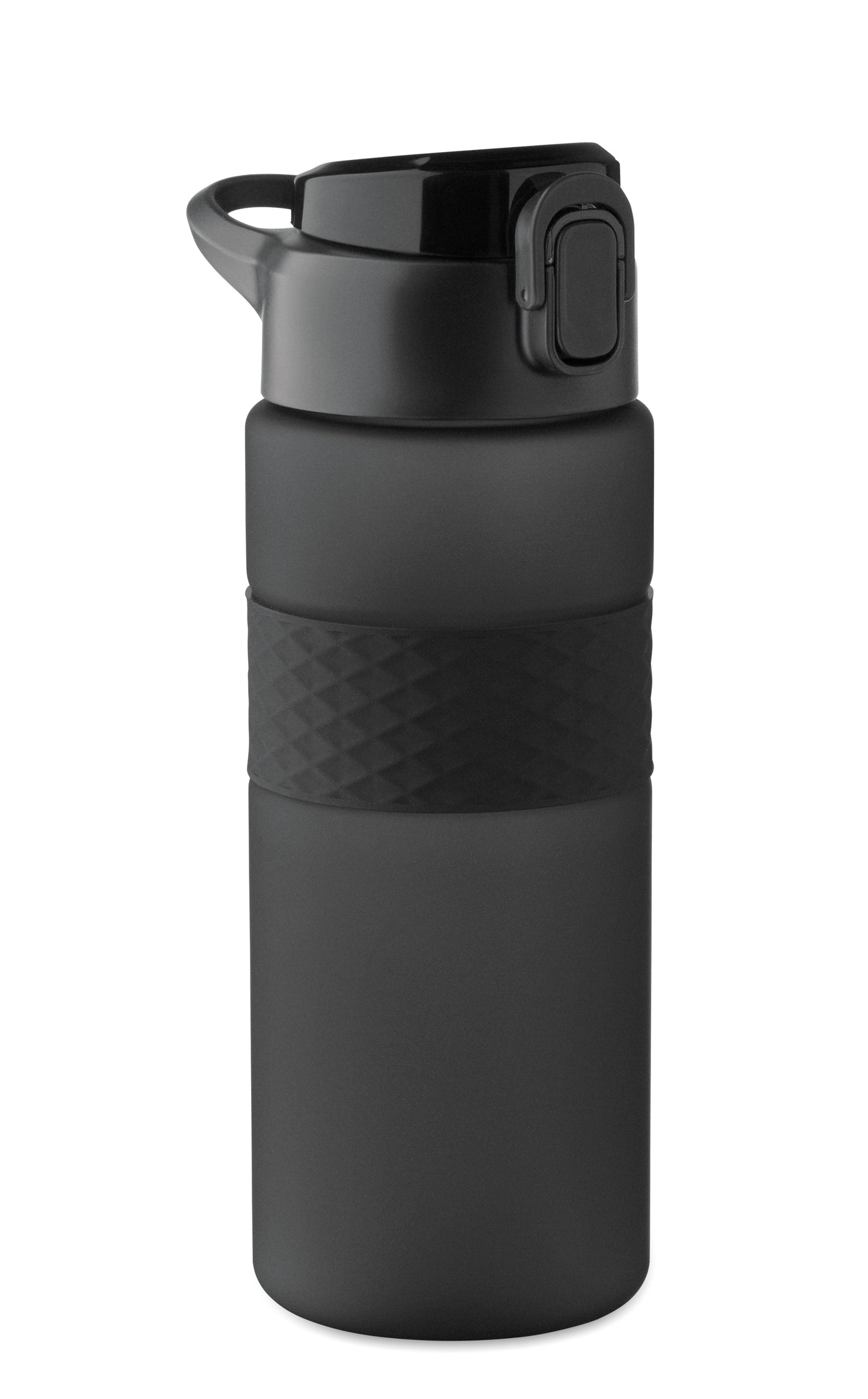 Trinkflasche aus RPET. Flip-Top-Deckel aus PP Sicherheitsverschluss und Henkel aus Silikon. Mit