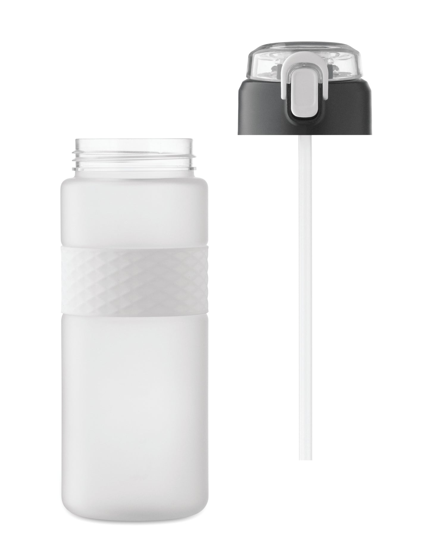 Trinkflasche aus RPET. Flip-Top-Deckel aus PP Sicherheitsverschluss und Henkel aus Silikon. Mit