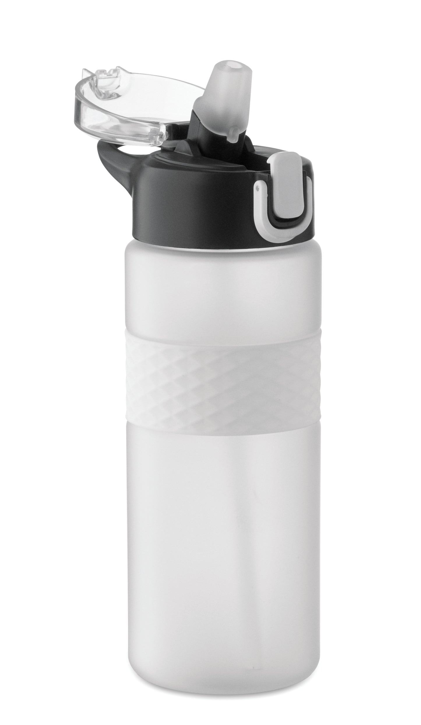 Trinkflasche aus RPET. Flip-Top-Deckel aus PP Sicherheitsverschluss und Henkel aus Silikon. Mit