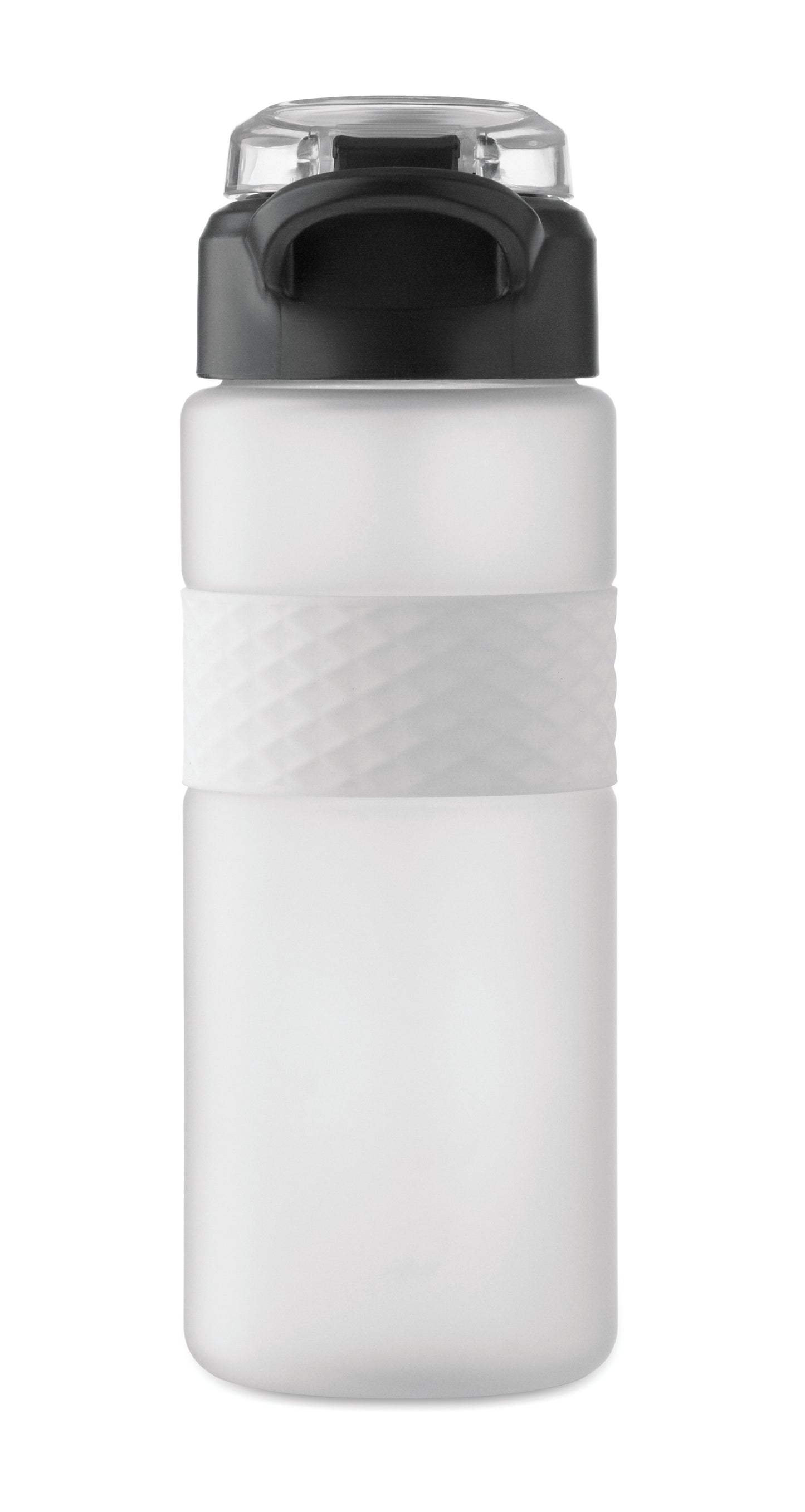 Trinkflasche aus RPET. Flip-Top-Deckel aus PP Sicherheitsverschluss und Henkel aus Silikon. Mit