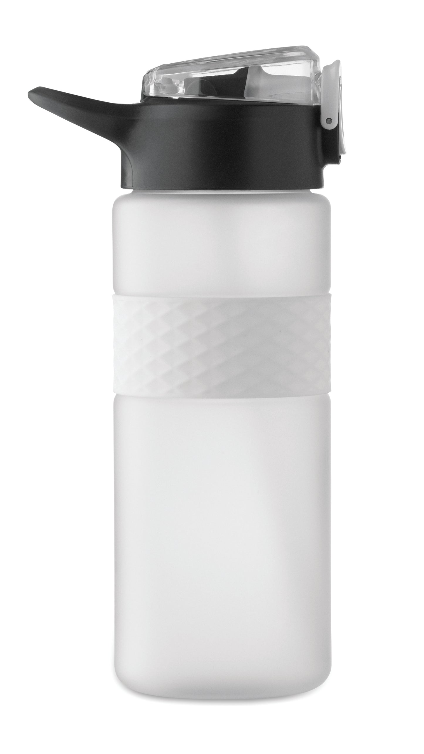 Trinkflasche aus RPET. Flip-Top-Deckel aus PP Sicherheitsverschluss und Henkel aus Silikon. Mit