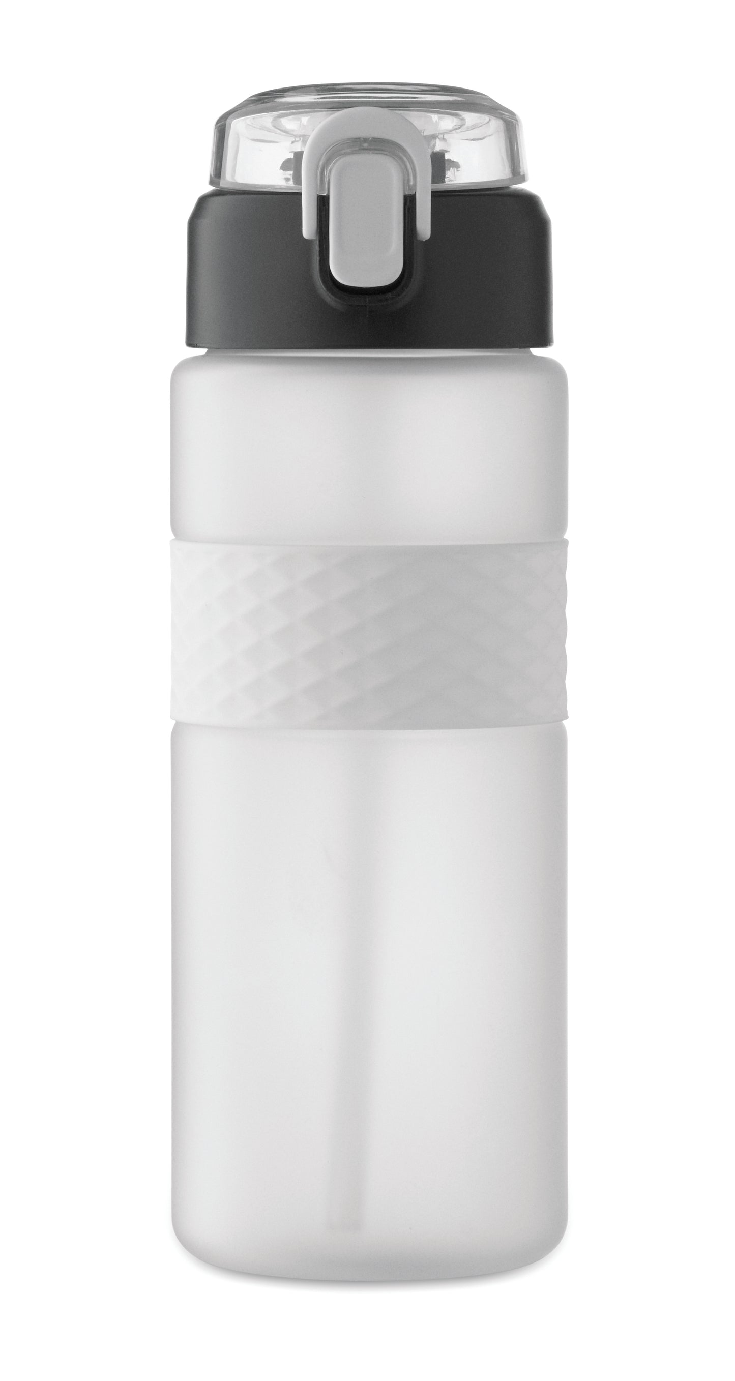 Trinkflasche aus RPET. Flip-Top-Deckel aus PP Sicherheitsverschluss und Henkel aus Silikon. Mit