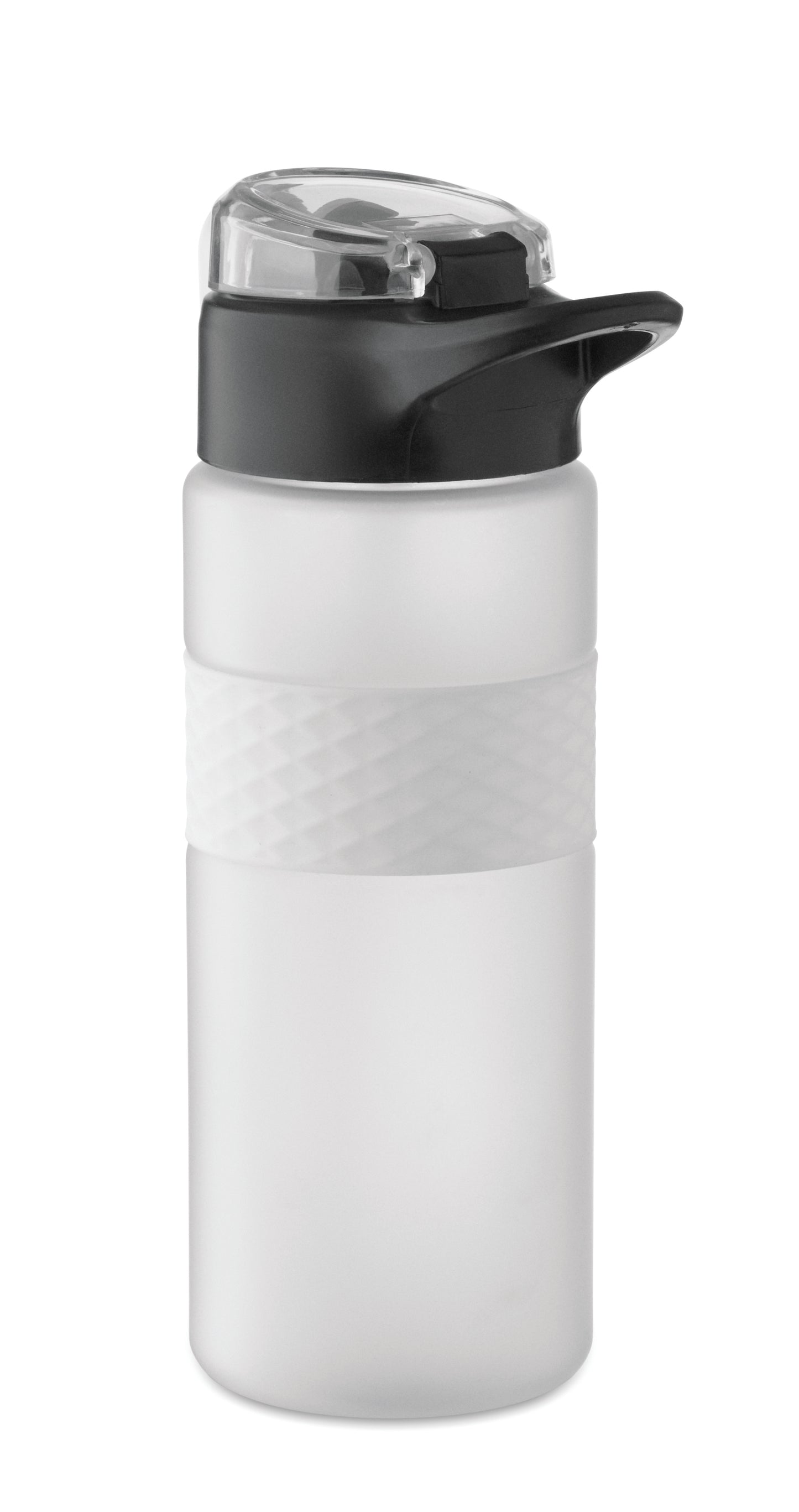 Trinkflasche aus RPET. Flip-Top-Deckel aus PP Sicherheitsverschluss und Henkel aus Silikon. Mit