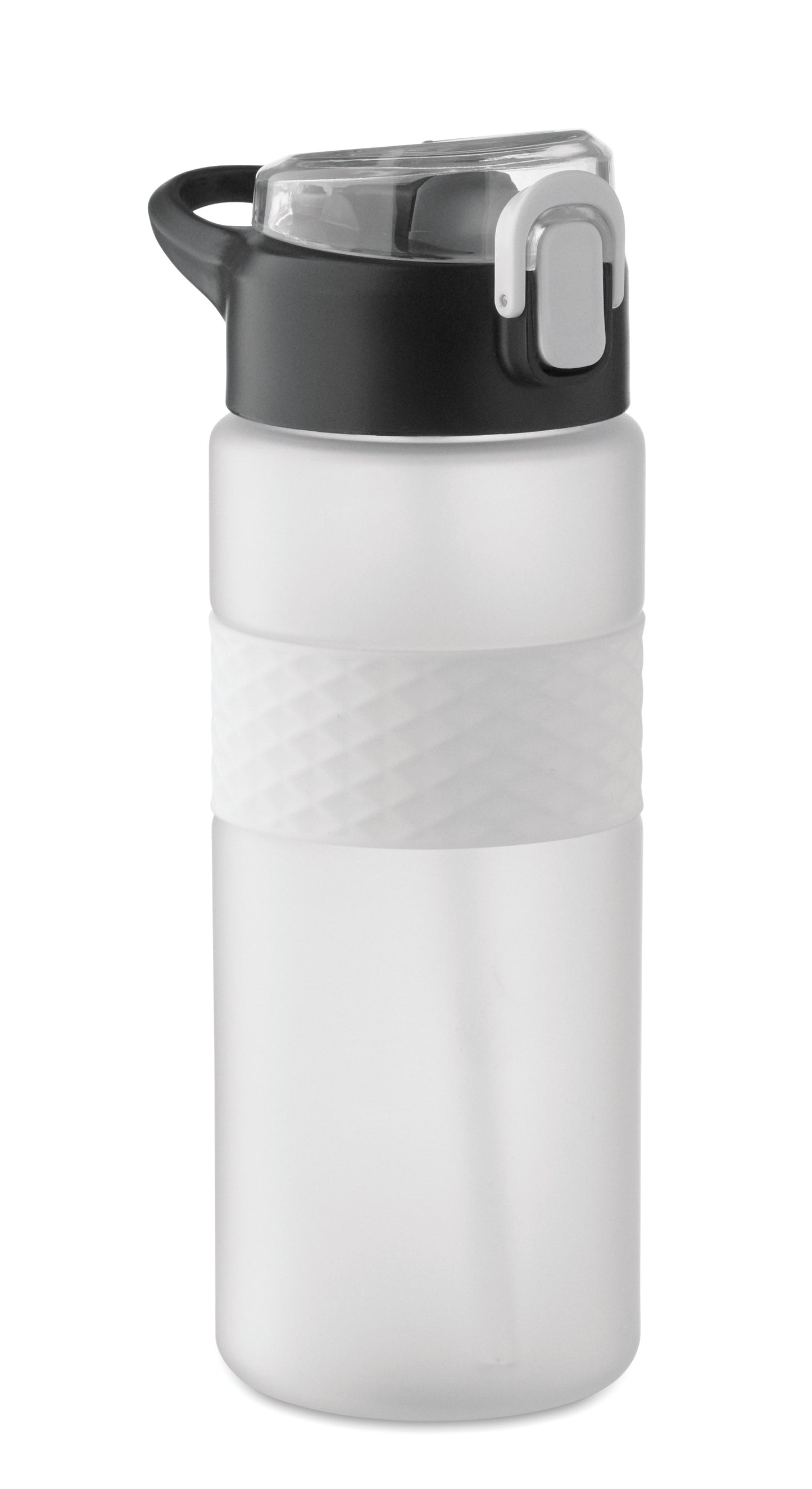 Trinkflasche aus RPET. Flip-Top-Deckel aus PP Sicherheitsverschluss und Henkel aus Silikon. Mit