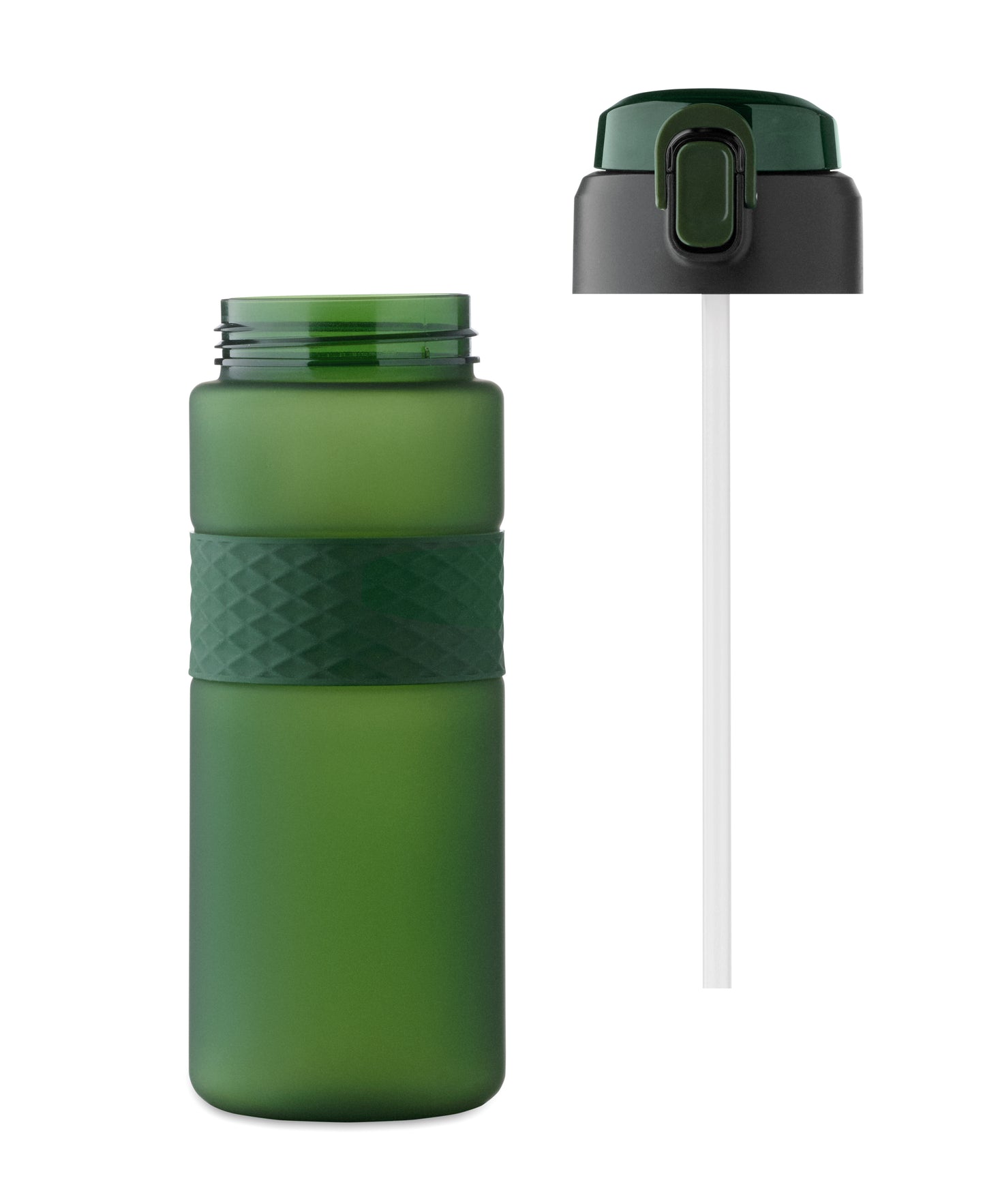 Trinkflasche aus RPET. Flip-Top-Deckel aus PP Sicherheitsverschluss und Henkel aus Silikon. Mit