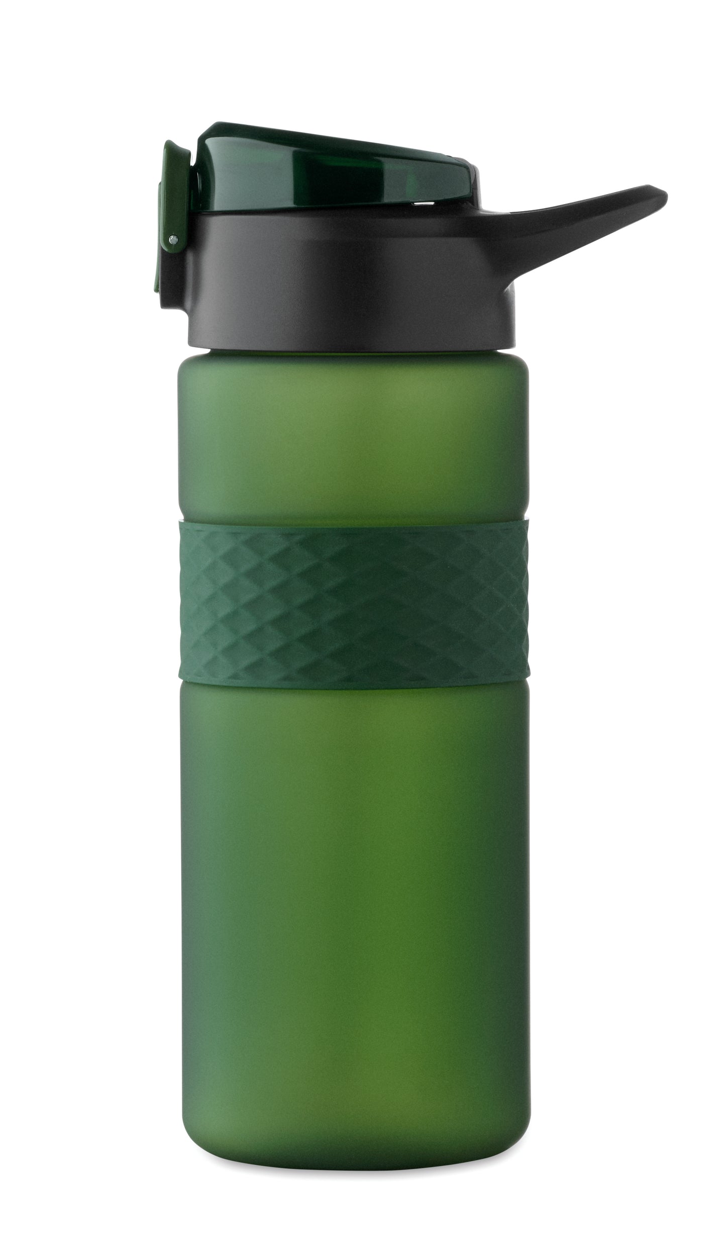 Trinkflasche aus RPET. Flip-Top-Deckel aus PP Sicherheitsverschluss und Henkel aus Silikon. Mit