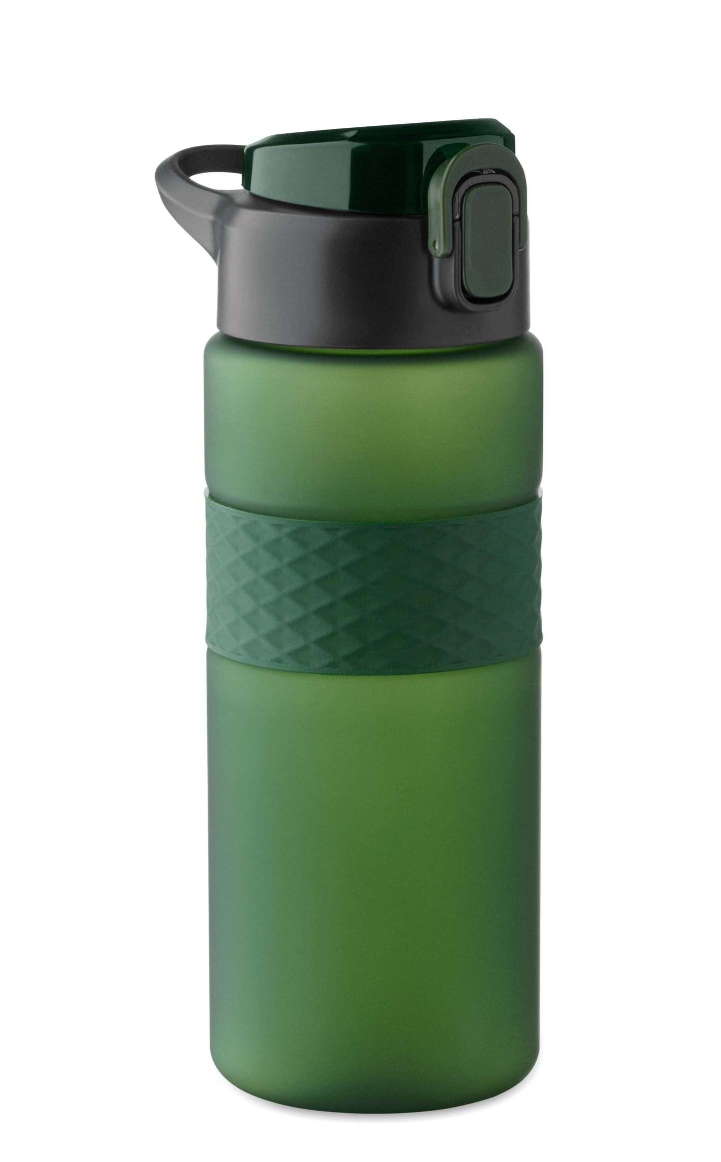 Trinkflasche aus RPET. Flip-Top-Deckel aus PP Sicherheitsverschluss und Henkel aus Silikon. Mit