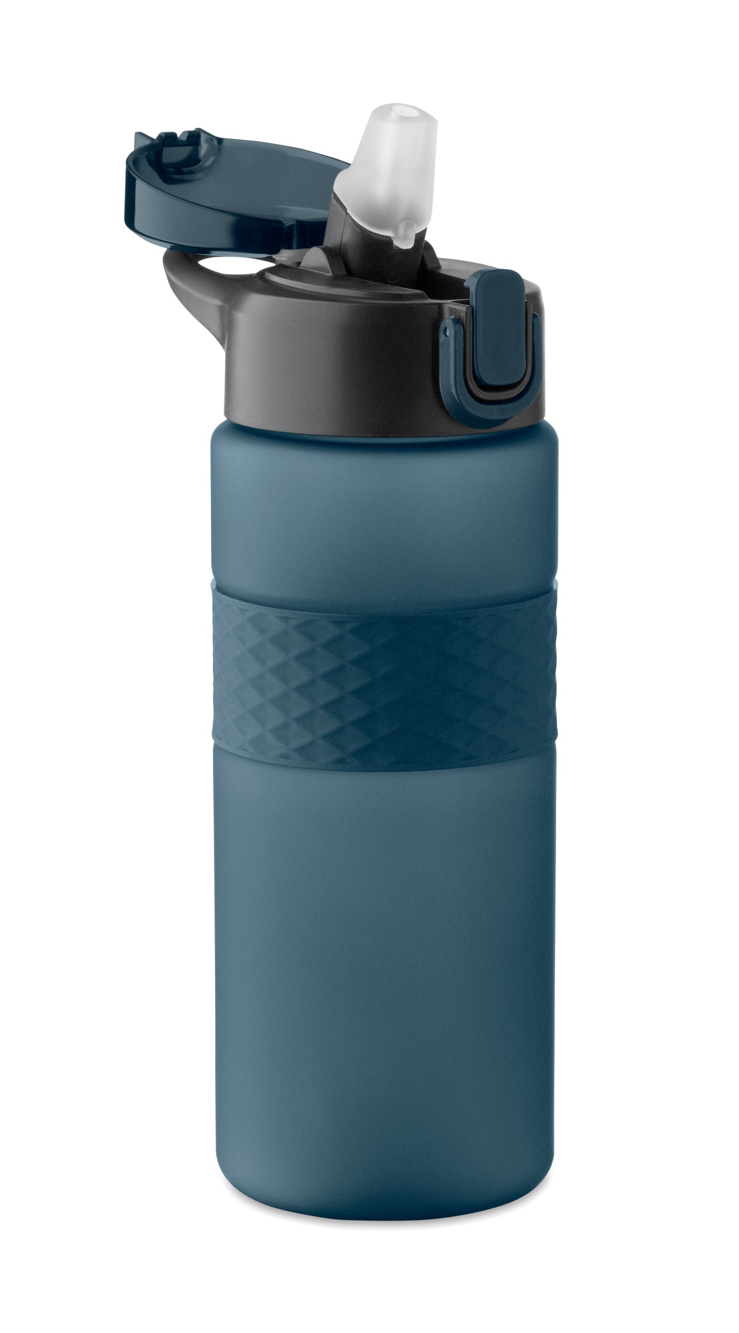 Trinkflasche aus RPET. Flip-Top-Deckel aus PP Sicherheitsverschluss und Henkel aus Silikon. Mit