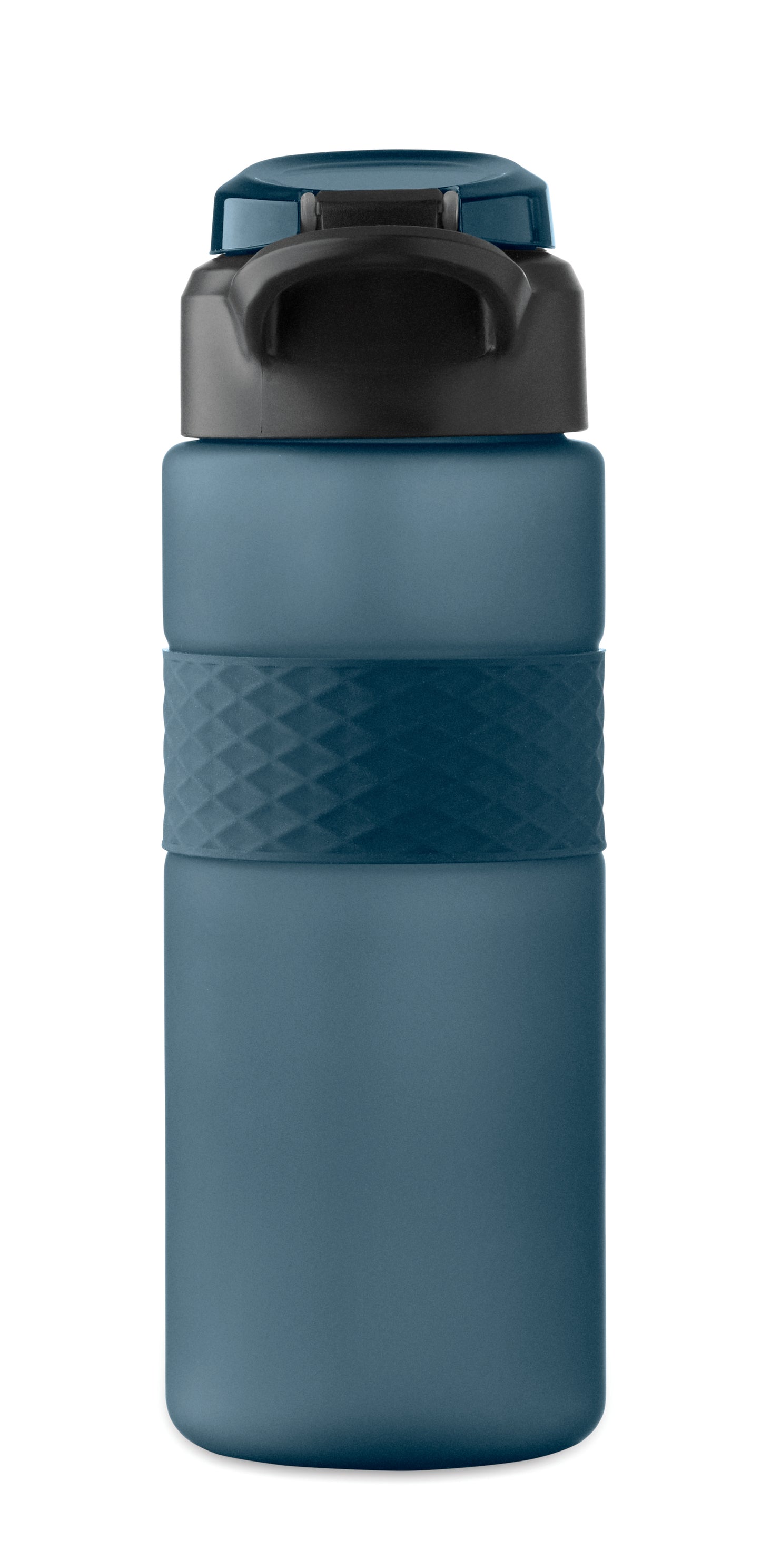 Trinkflasche aus RPET. Flip-Top-Deckel aus PP Sicherheitsverschluss und Henkel aus Silikon. Mit