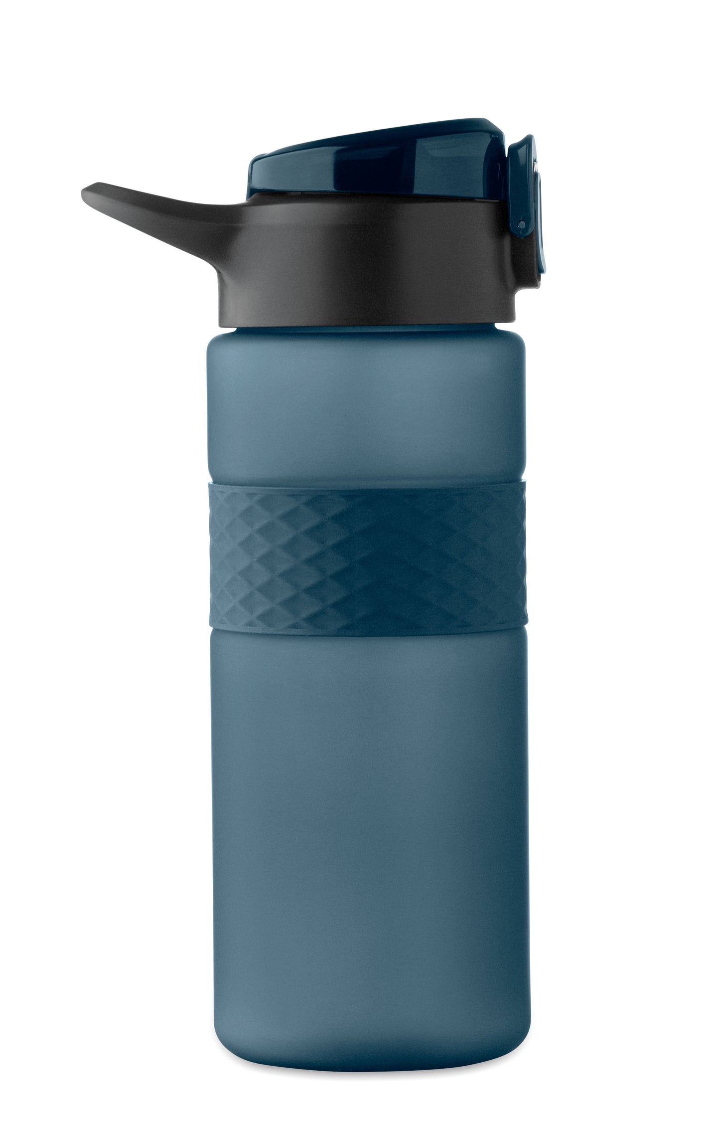Trinkflasche aus RPET. Flip-Top-Deckel aus PP Sicherheitsverschluss und Henkel aus Silikon. Mit