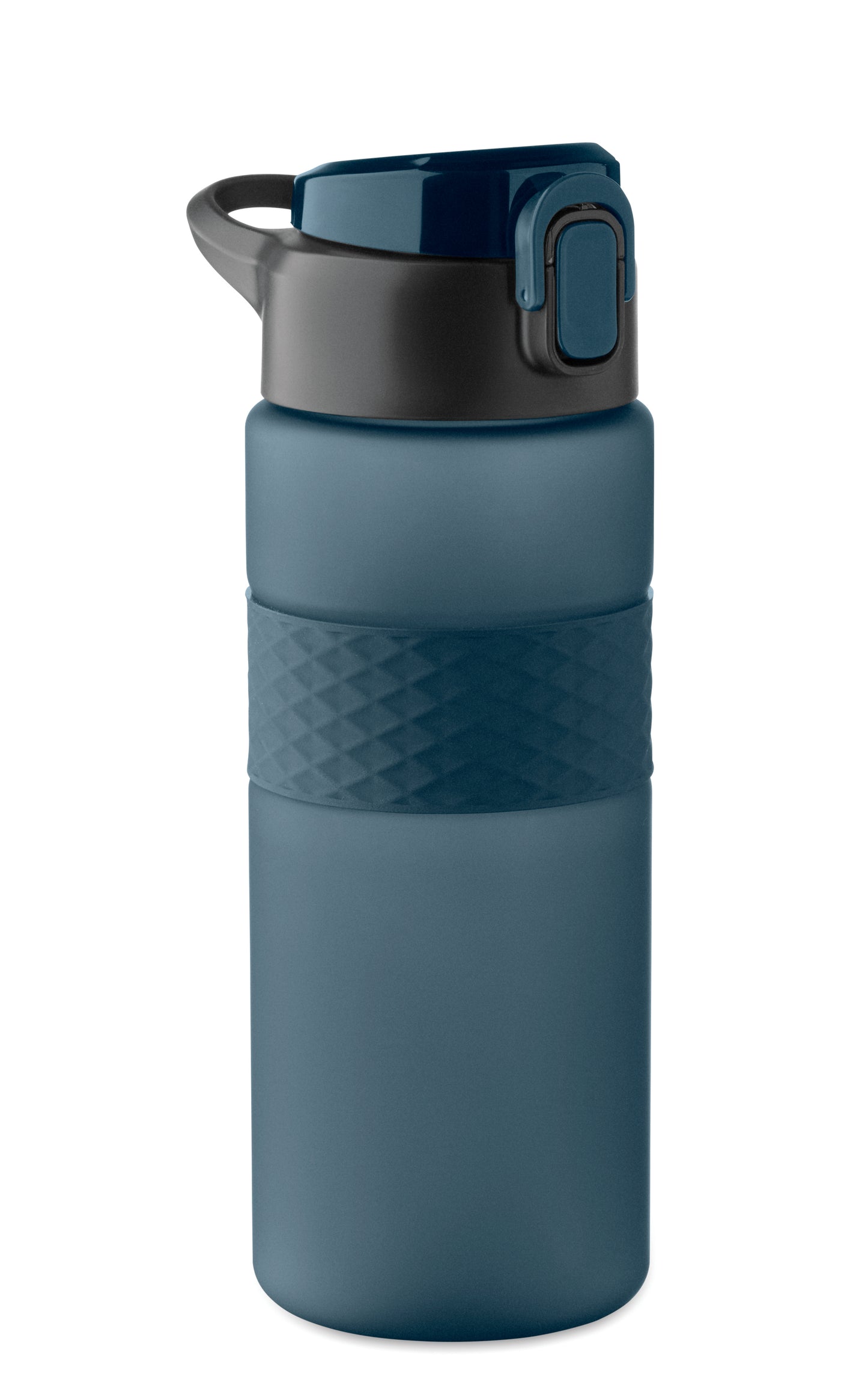 Trinkflasche aus RPET. Flip-Top-Deckel aus PP Sicherheitsverschluss und Henkel aus Silikon. Mit