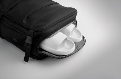 Erweiterbarer Rucksack in Kabinengröße aus 600D RPET-Polyester mit PU-Beschichtung. 180°-Öffnung. Gepolstertes 15''-Laptopfach