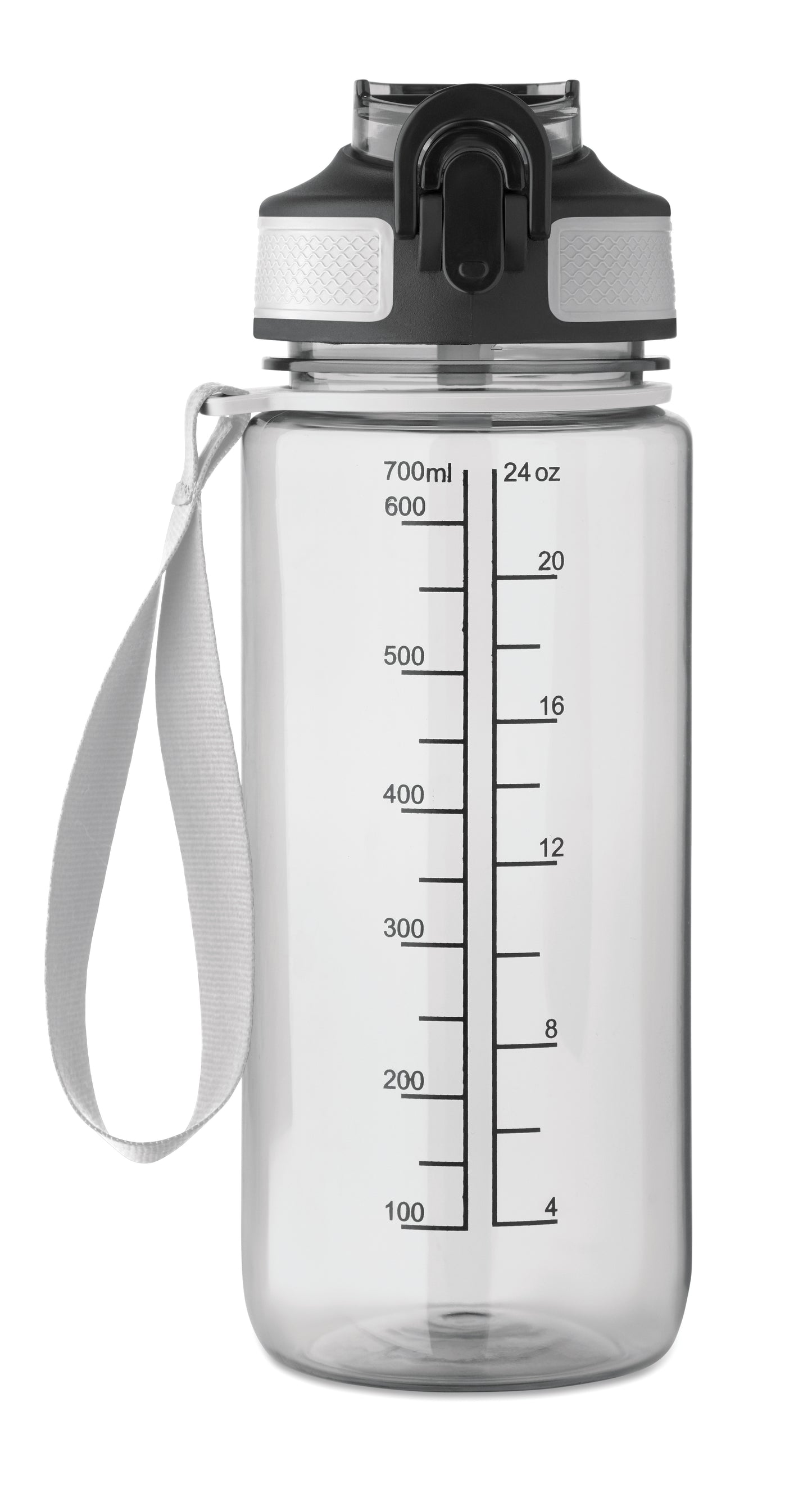 Trinkflasche aus RPET. Integrierter Trinkhalm weiches Silikonmundstück motivierende Zeitmarkierung einhändig zu öffnender
