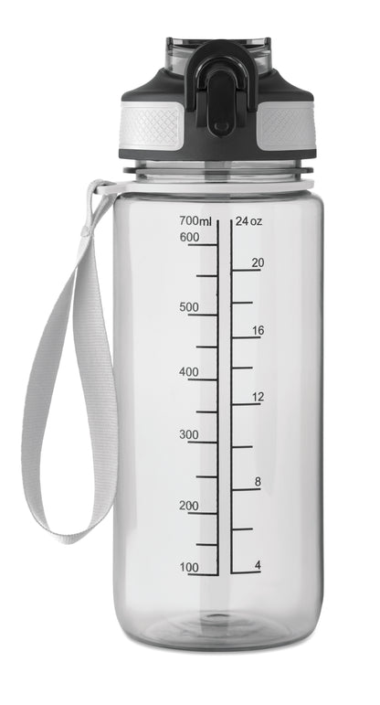 Trinkflasche aus RPET. Integrierter Trinkhalm weiches Silikonmundstück motivierende Zeitmarkierung einhändig zu öffnender