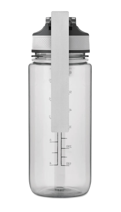 Trinkflasche aus RPET. Integrierter Trinkhalm weiches Silikonmundstück motivierende Zeitmarkierung einhändig zu öffnender