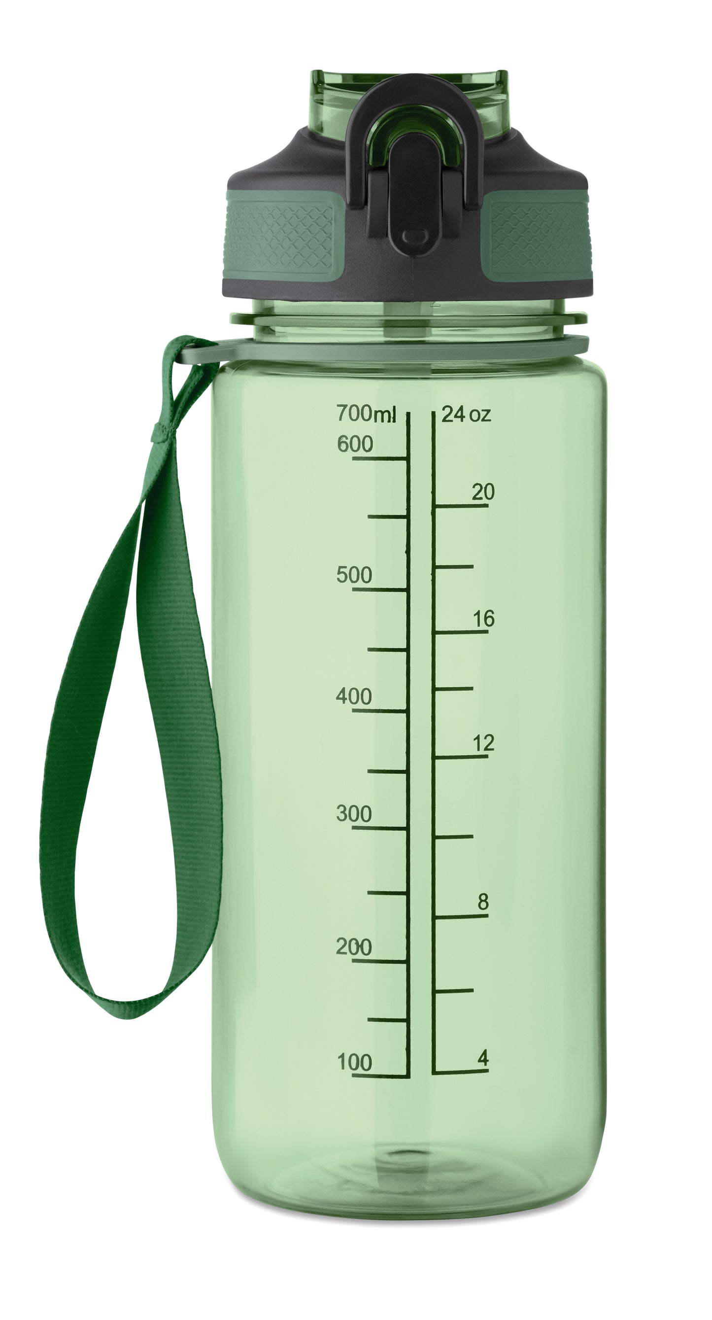 Trinkflasche aus RPET. Integrierter Trinkhalm weiches Silikonmundstück motivierende Zeitmarkierung einhändig zu öffnender