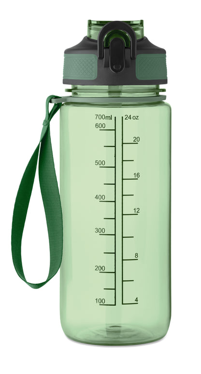 Trinkflasche aus RPET. Integrierter Trinkhalm weiches Silikonmundstück motivierende Zeitmarkierung einhändig zu öffnender