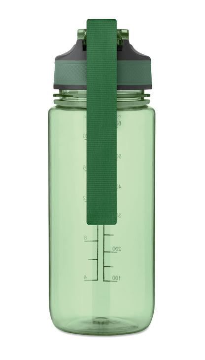 Trinkflasche aus RPET. Integrierter Trinkhalm weiches Silikonmundstück motivierende Zeitmarkierung einhändig zu öffnender