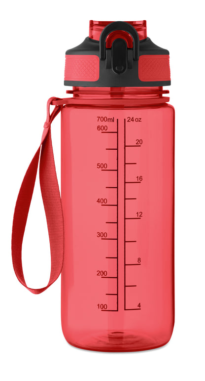 Trinkflasche aus RPET. Integrierter Trinkhalm weiches Silikonmundstück motivierende Zeitmarkierung einhändig zu öffnender