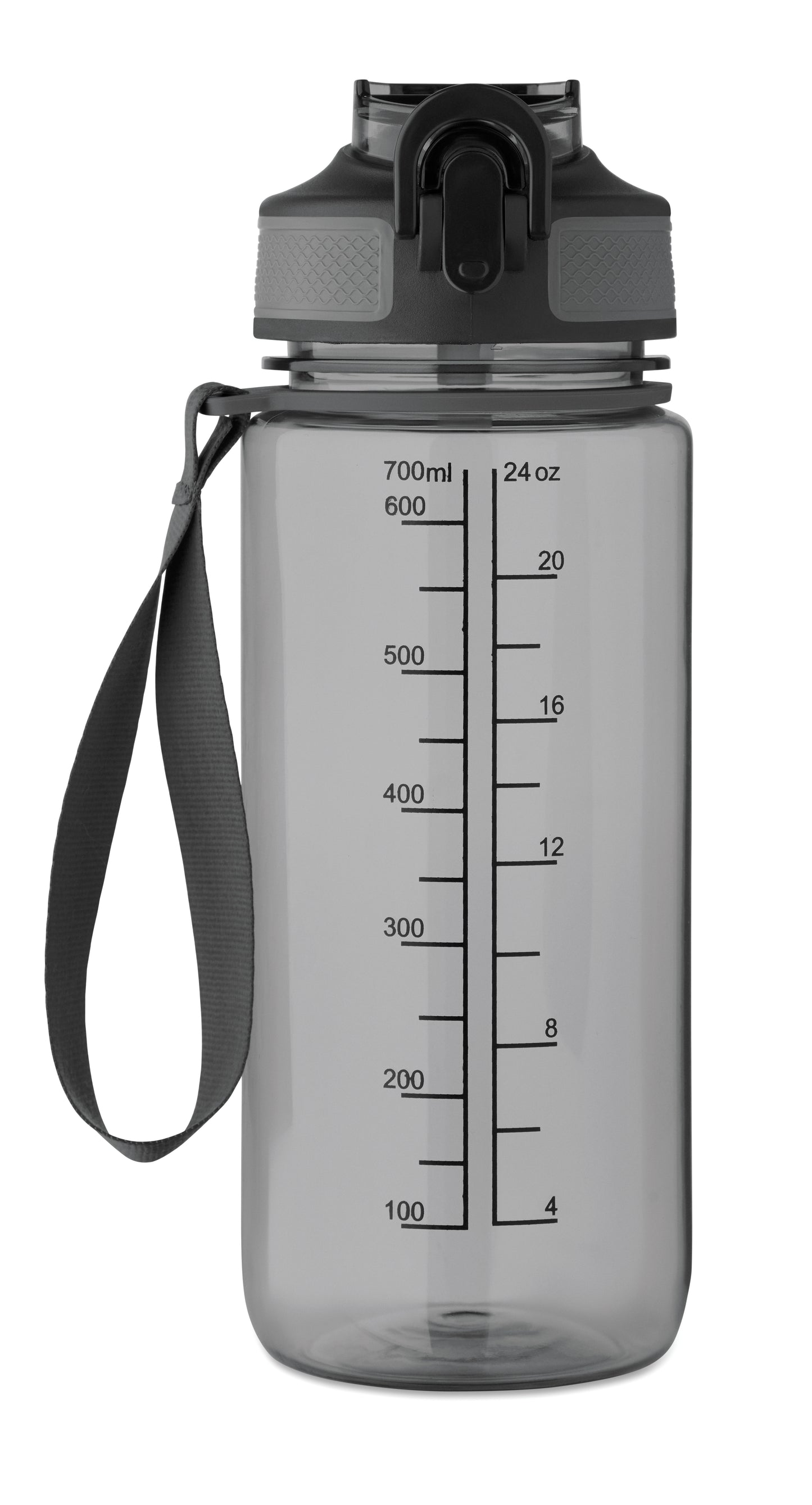 Trinkflasche aus RPET. Integrierter Trinkhalm weiches Silikonmundstück motivierende Zeitmarkierung einhändig zu öffnender