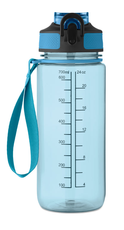 Trinkflasche aus RPET. Integrierter Trinkhalm weiches Silikonmundstück motivierende Zeitmarkierung einhändig zu öffnender