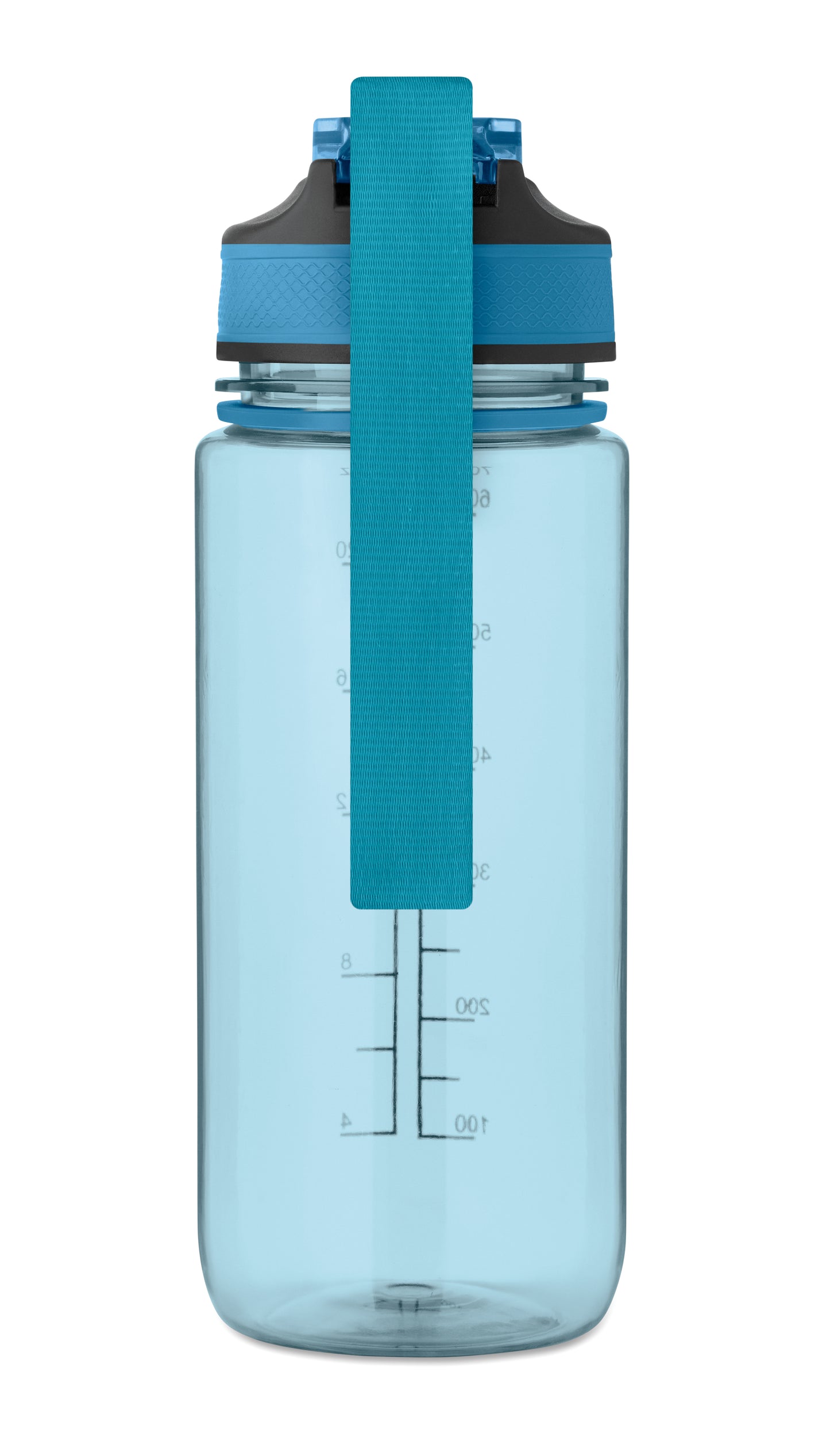 Trinkflasche aus RPET. Integrierter Trinkhalm weiches Silikonmundstück motivierende Zeitmarkierung einhändig zu öffnender