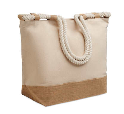 Strand- oder Einkaufstasche aus Canvas und Dekor aus Jute. Mit Kordelgriff Reißverschluss