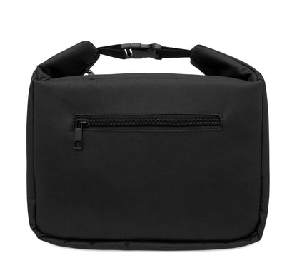 Kühltasche aus 600D RPET mit Anzeige der Innentemperatur. Hauptfach mit Reißverschluss. Seitliche