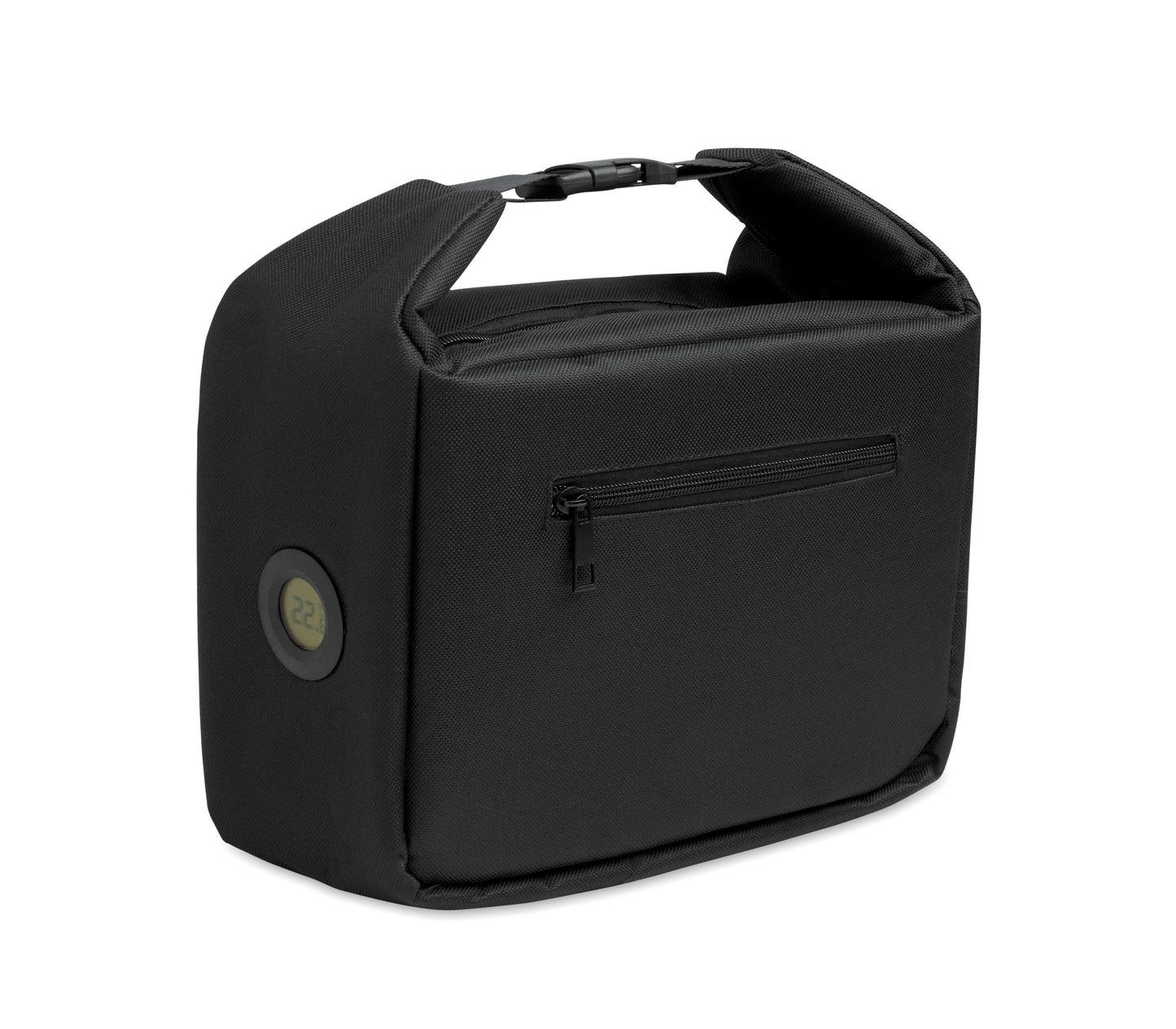 Kühltasche aus 600D RPET mit Anzeige der Innentemperatur. Hauptfach mit Reißverschluss. Seitliche