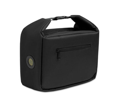 Kühltasche aus 600D RPET mit Anzeige der Innentemperatur. Hauptfach mit Reißverschluss. Seitliche