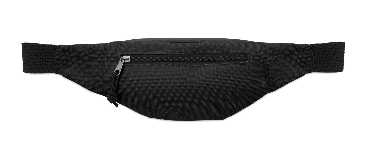 Gürteltasche aus 600D RPET-Polyester mit Reißverschluss-Hauptfach und verstecktem Reißverschlussfach auf der Rückseite.