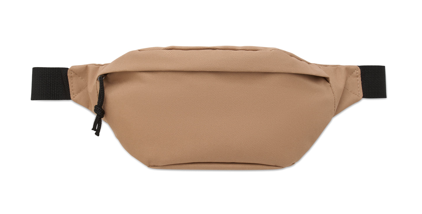 Gürteltasche aus 600D RPET-Polyester mit Reißverschluss-Hauptfach und verstecktem Reißverschlussfach auf der Rückseite.