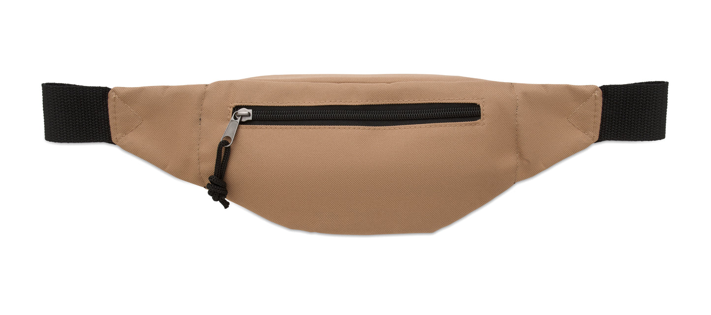 Gürteltasche aus 600D RPET-Polyester mit Reißverschluss-Hauptfach und verstecktem Reißverschlussfach auf der Rückseite.
