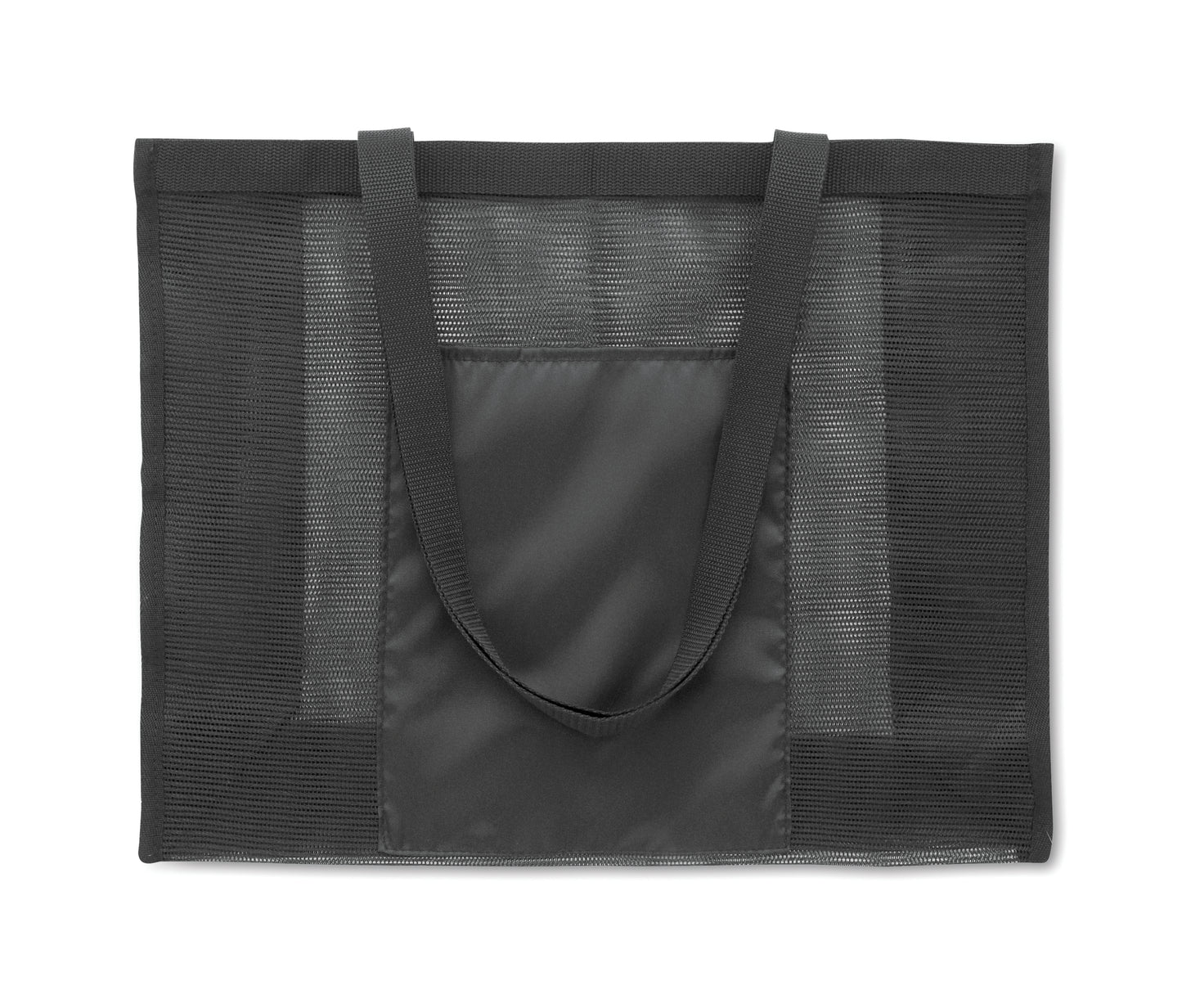 Einkaufstasche aus RPET-Mesh und 210D RPET. Kurze Tragegriffe. Große offene Fronttasche. Volumen: