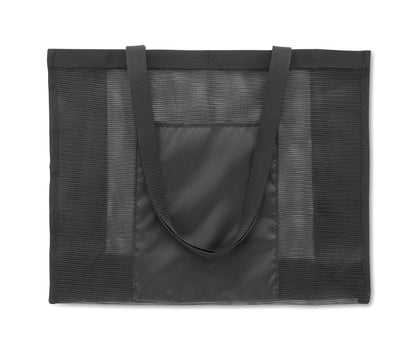 Einkaufstasche aus RPET-Mesh und 210D RPET. Kurze Tragegriffe. Große offene Fronttasche. Volumen: