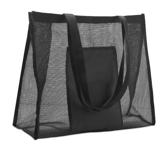 Einkaufstasche aus RPET-Mesh und 210D RPET. Kurze Tragegriffe. Große offene Fronttasche. Volumen: