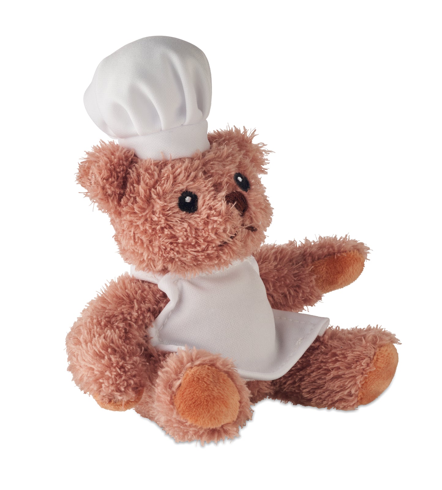 Teddybär aus Polyester gekleidet als Koch mit weißer Kochmütze und Schürze. Augen