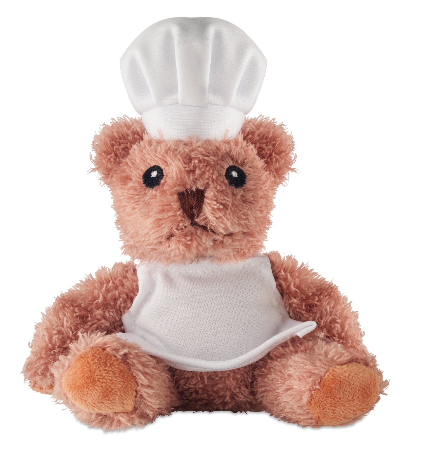 Teddybär aus Polyester gekleidet als Koch mit weißer Kochmütze und Schürze. Augen