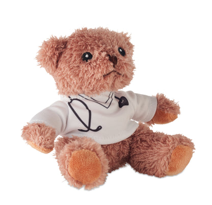 Teddybär aus Polyester gekleidet als Arzt mit bedrucktem weißem T-Shirt. Augen Nase