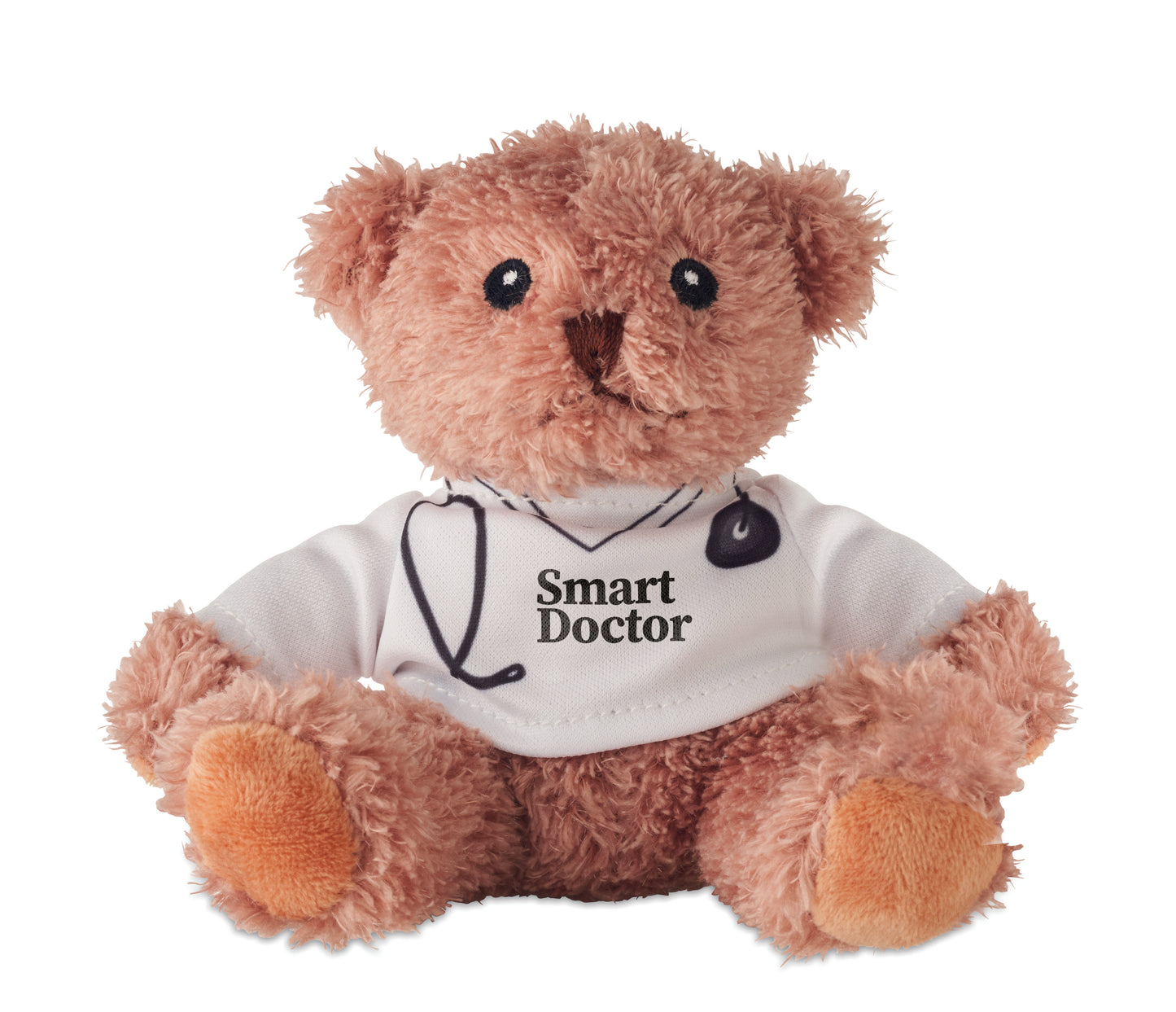 Teddybär aus Polyester gekleidet als Arzt mit bedrucktem weißem T-Shirt. Augen Nase