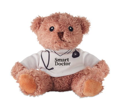 Teddybär aus Polyester gekleidet als Arzt mit bedrucktem weißem T-Shirt. Augen Nase