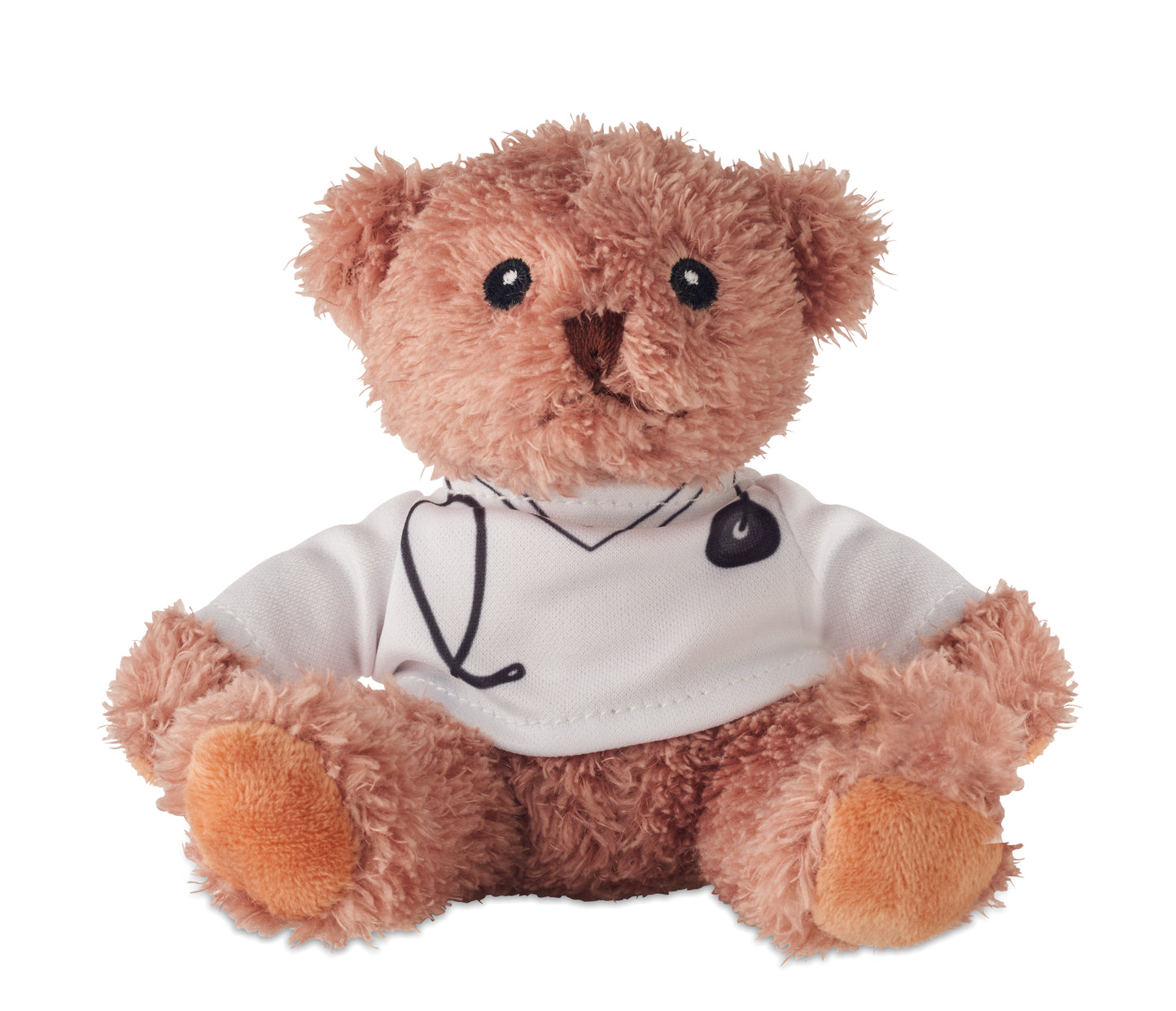 Teddybär aus Polyester gekleidet als Arzt mit bedrucktem weißem T-Shirt. Augen Nase